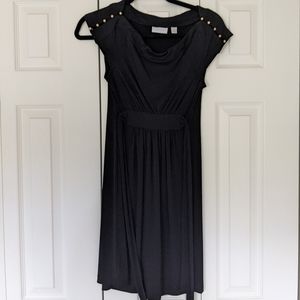 New York & Co Black Tie Waist Dress with Gold Button Shoulder Detail